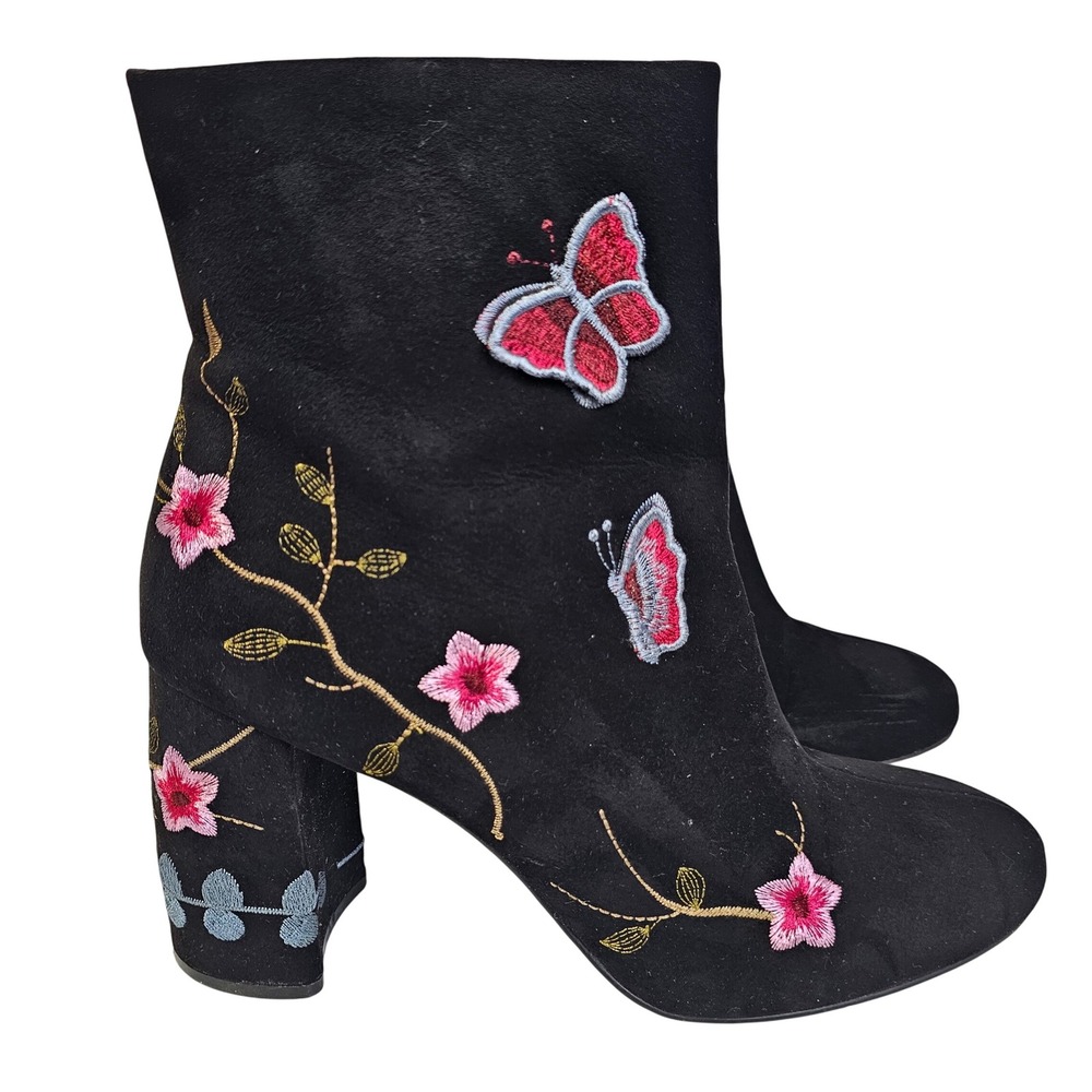 Black Suede Embroidered Butterfly Floral Block‎ Heel Ankle Boots Women's Size
